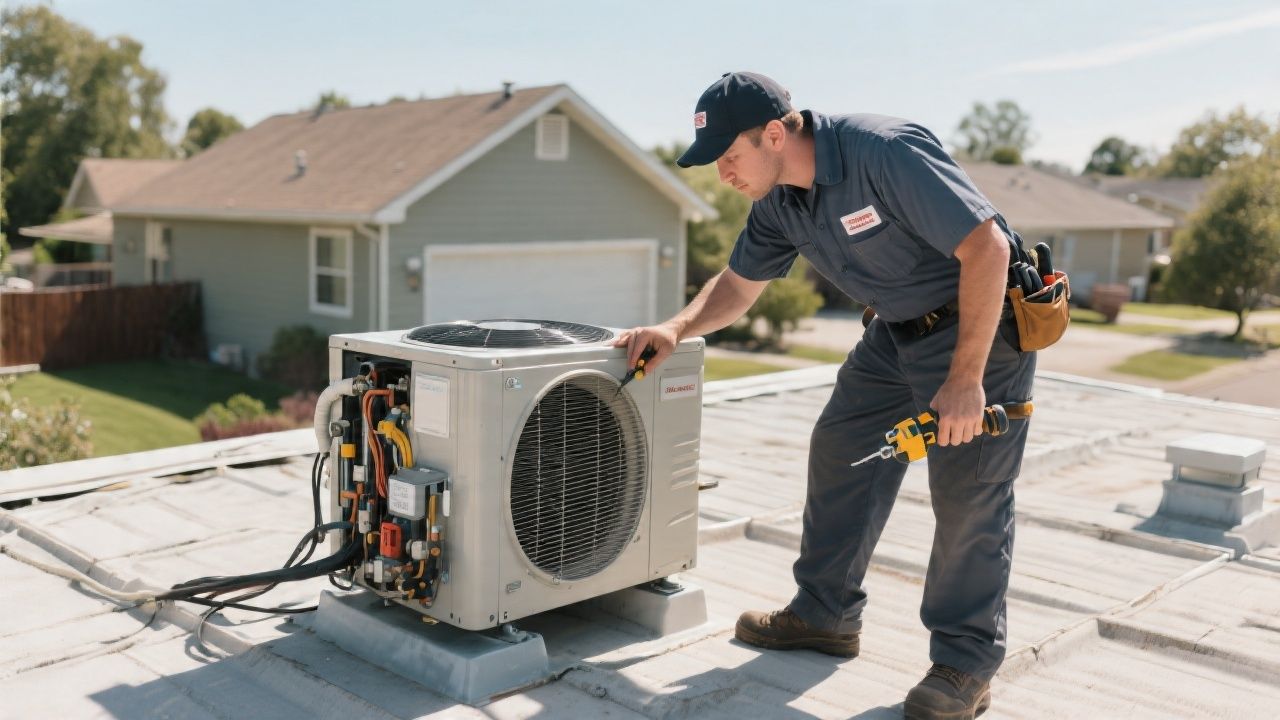 Technician servicing an outdoor air conditioning condenser