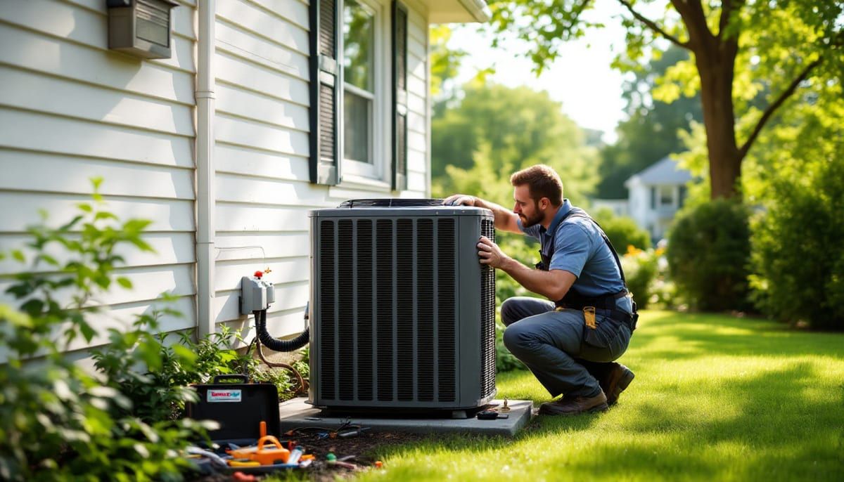 Technician checking an outdoor air conditioning condenser beside a house
