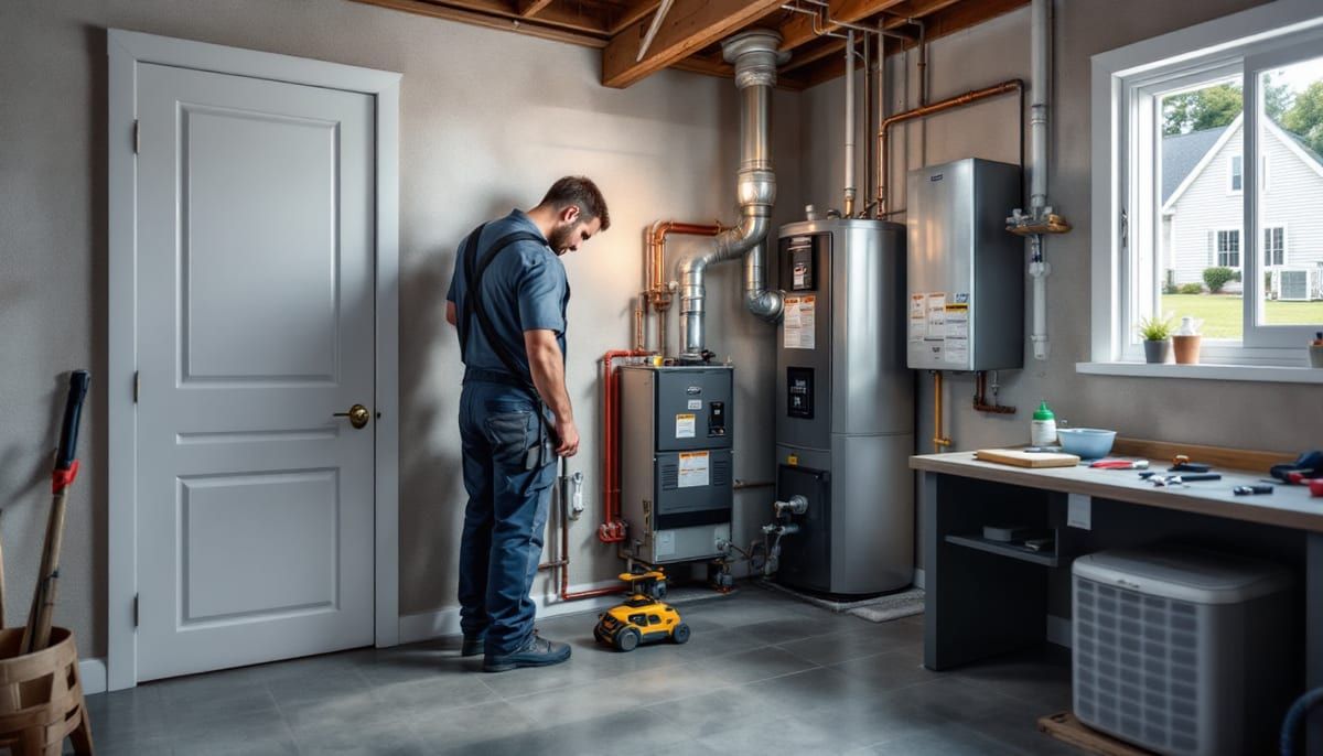 Plumber at a basement utility wall with a water heater and piping