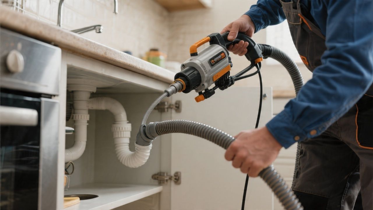 Technician feeding a drain cleaning machine into a kitchen drain line