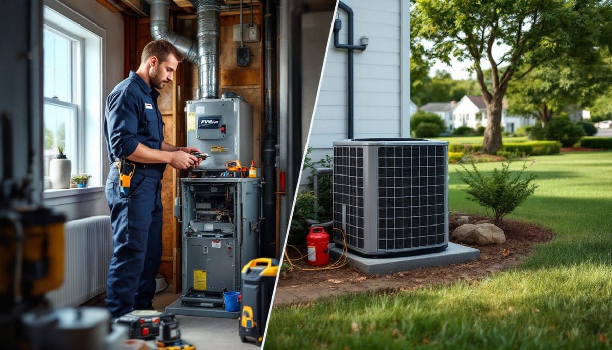 Technician working on a furnace in a basement, shown beside an outdoor AC unit
