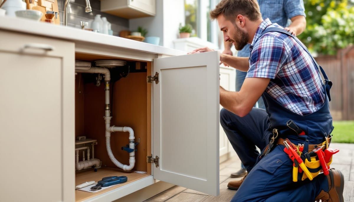 Plumber working inside an open kitchen sink cabinet