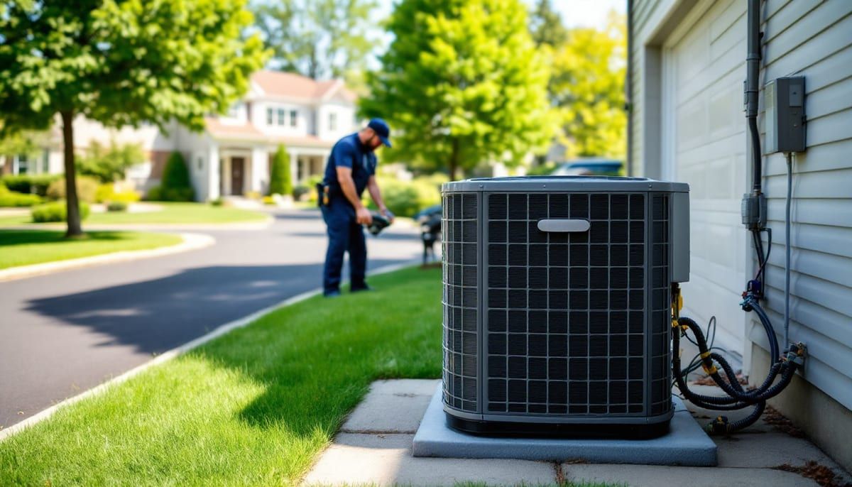 Outdoor AC condenser beside a house with a technician in the driveway