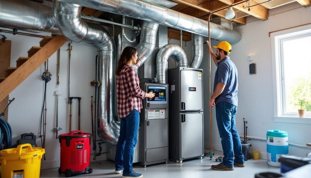 Technician and homeowner beside a furnace and ductwork in a basement