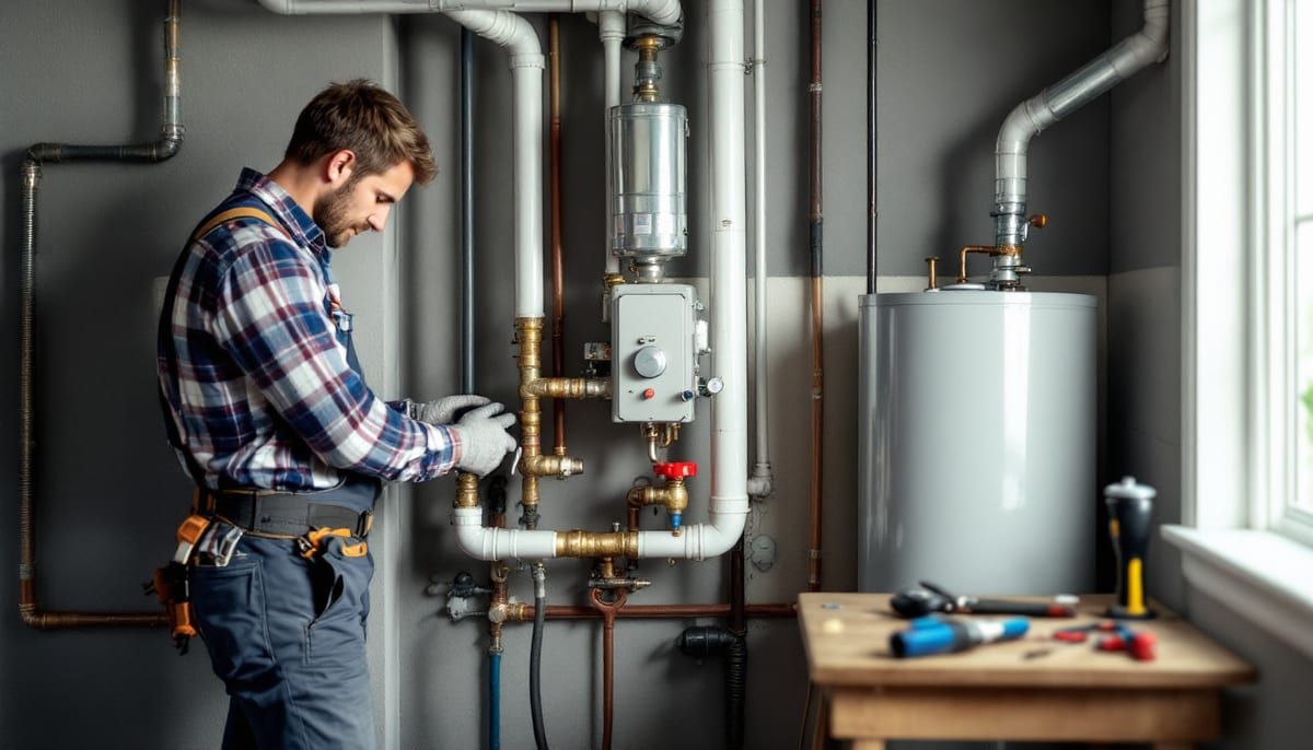 Plumber adjusting a valve beside a water heater