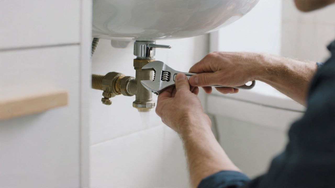 Plumber tightening a valve under a sink with an adjustable wrench