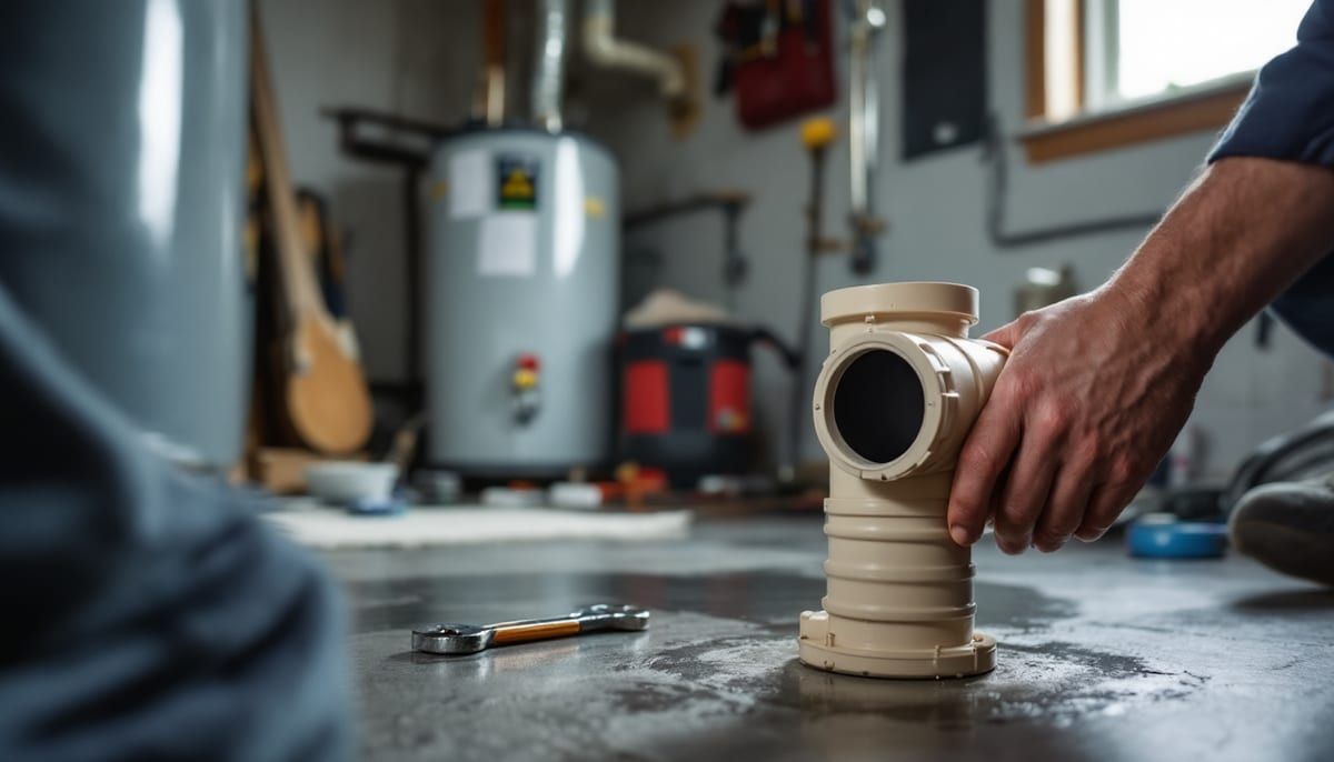 Close-up of a sewer cleanout fitting on a basement floor