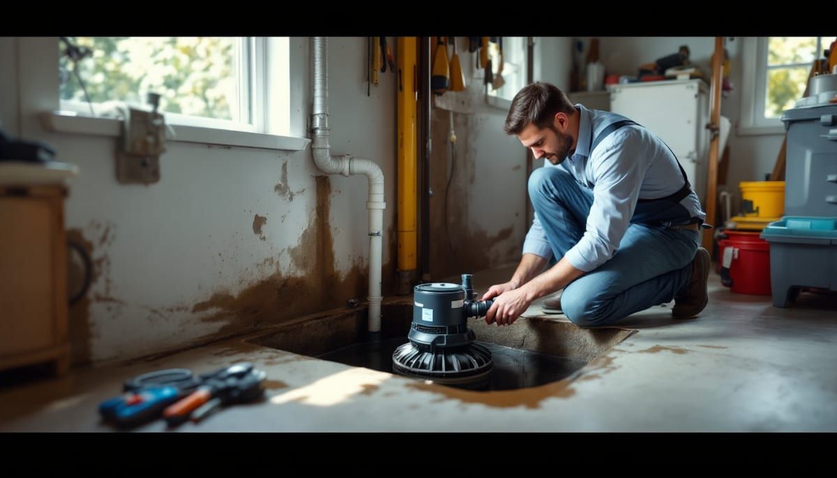 Technician installing a sump pump in a basement pit